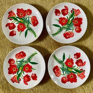 Vintage 4 plates Crimson Tulips Potpourri Press tapas dessert appetizer 1992